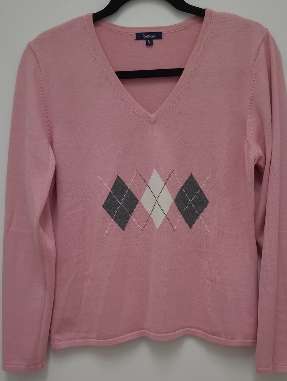 Reitmans Light Pink V-Neck Argyle Knit Sweater